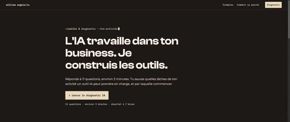 Accueil du diagnostic IA de William Angora, avec sa présentation et le bouton pour commencer.